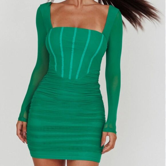 Selfie Leslie Dream Catcher Long Sleeve Ruched Mini Dress Green Size XL - Picture 10 of 10